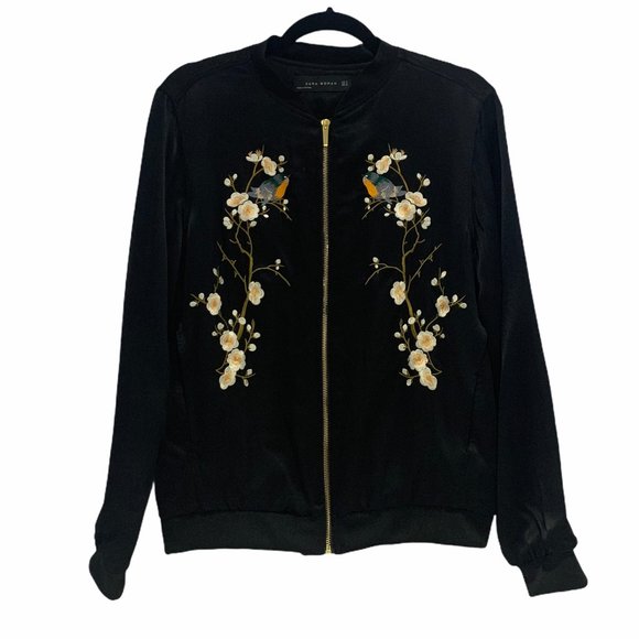 Zara Satin Embroidered Floral Bomber Jacket S EUC - Picture 3 of 12